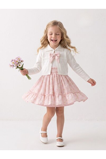 Cherrys Bebek Girl's Bow Detailed Floral Patterned Dress and Cardigan Set