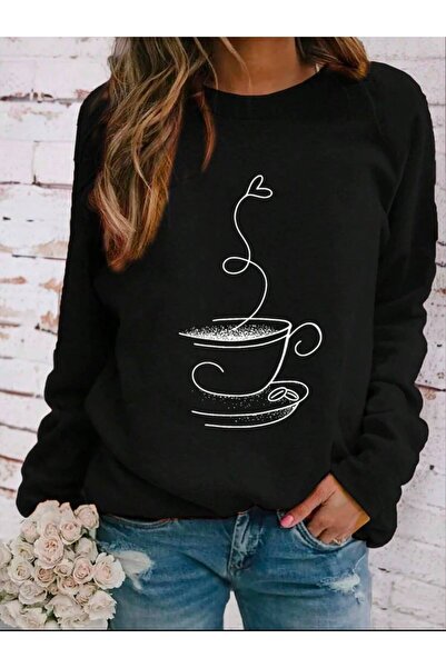 herkesemoda Coffee Cup Printed Black 2 Thread Raster Crew Neck Sweatshirt