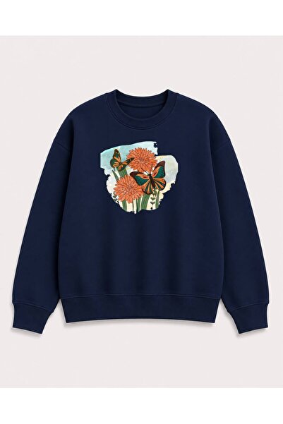 herkesemoda Butterfly and Flower Printed 2 Thread Threaded Crew Neck Sweatshirt