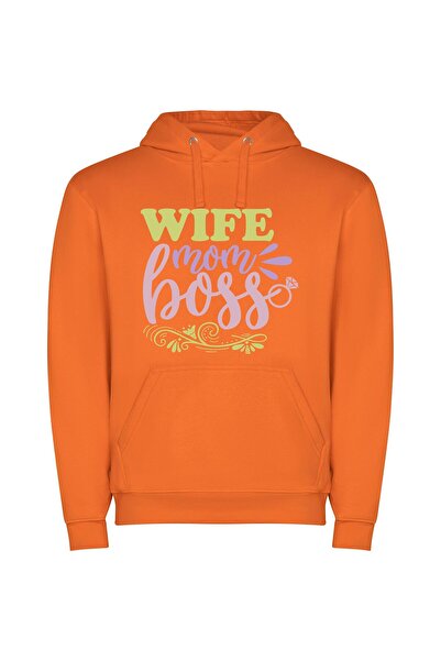 iLovePrints Wife, Mama, Boss Babe Φούτερ με κουκούλα σε χρώμα Πορτοκαλί