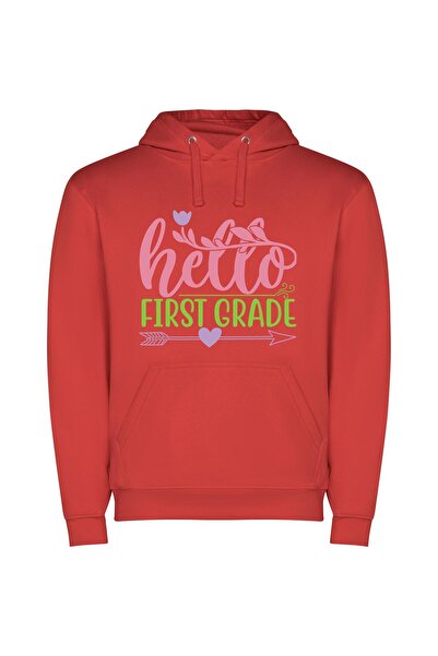 iLovePrints Vibrant Greeting: Hello 1st Grade! Φούτερ με κουκούλα σε χρώμα Κό...