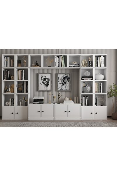 Vivense LEKSA EVA 8 KAPAKLI 22 AÇIK RAFLI ÖZEL TASARIM MODERN BEYAZ KİTAPLIK ...