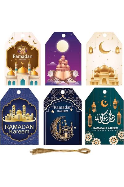 GENERAL بطاقات هدايا عيد مبارك، 48 قطعة من البطاقات الزخرفية الإسلامية مع خيط...