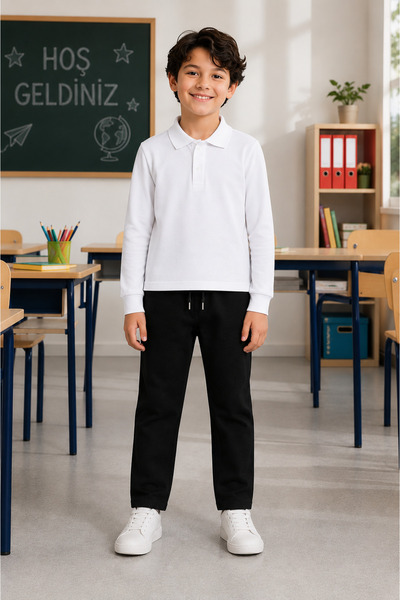 tinytrends Boys' School Outfit: White Long-Sleeve Polo Collar T-Shirt & Elast...