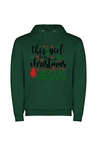 iLovePrints Christmas Devotion: Girl's Love Φούτερ με κουκούλα σε χρώμα Πράσινο