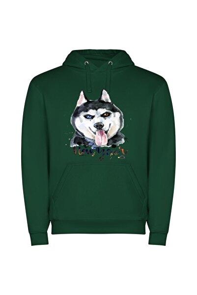 iLovePrints Elegant Husky Portrait Φούτερ με κουκούλα σε χρώμα Πράσινο