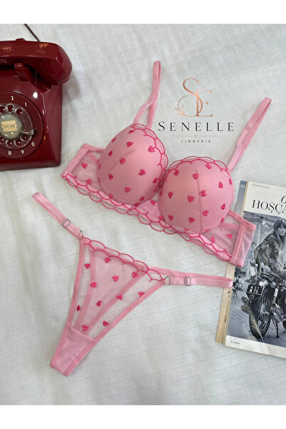 SENELLE Pembe Kalp Desenli Destekli Balenli Sütyen String Külot Takımı