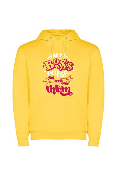 iLovePrints Boss Mom Style Stickers Φούτερ με κουκούλα σε χρώμα Κίτρινο