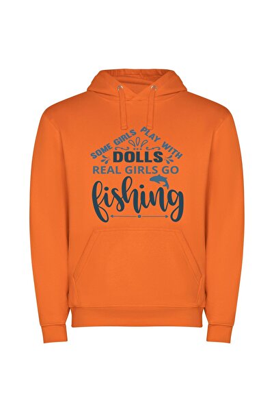 iLovePrints Fishing's Real Girls Adventure Φούτερ με κουκούλα σε χρώμα Πορτοκαλί