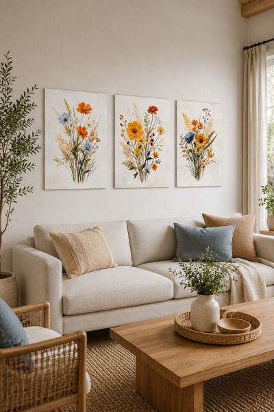 ARTI HOME Turuncu ve Mavi Çiçek Temalı 3’lü Ahşap Dekoratif Tablo Seti