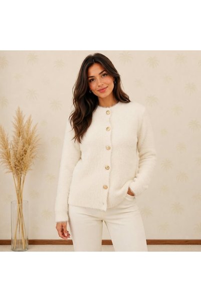 ZEYN STORE Women's Polo Collar Soft Textured Knitwear Cardigan with Gold Buttons Soft Textured Long Sleeve Stylish Casual Cardigan