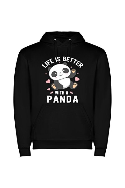 iLovePrints Heartwarming Panda Love Φούτερ με κουκούλα σε χρώμα Μαύρο