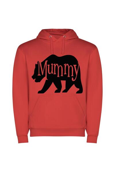 iLovePrints Mummy Bear: Elegant Monochrome Φούτερ με κουκούλα σε χρώμα Κόκκινο