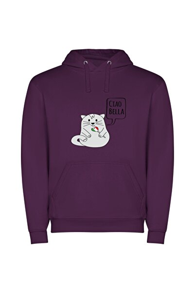 iLovePrints Mus-inspired Italian Cat Φούτερ με κουκούλα σε χρώμα Μωβ