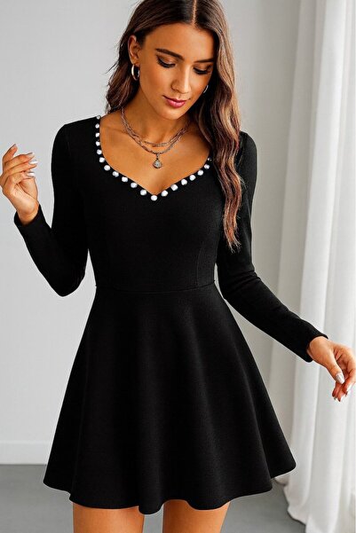 pazarella Women's Long Sleeve Pearl Collar Short Imported Crepe Dress