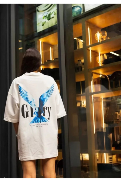 Wear Up Unisex T-Shirt Oversize με Μπισκότο Λαιμόκοψη και Μοτίβο - Λευκό