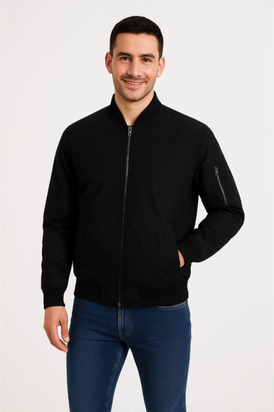 MODA ŞEHRİ Men's Lined Zippered Bomber Coat Jacket - Black