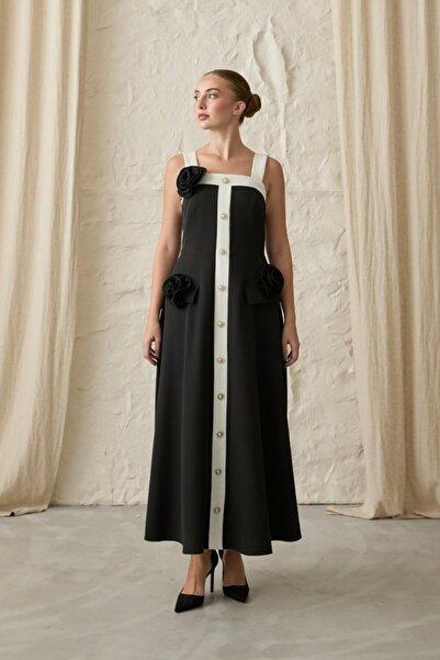 pazarella Black Rose Strap Dress