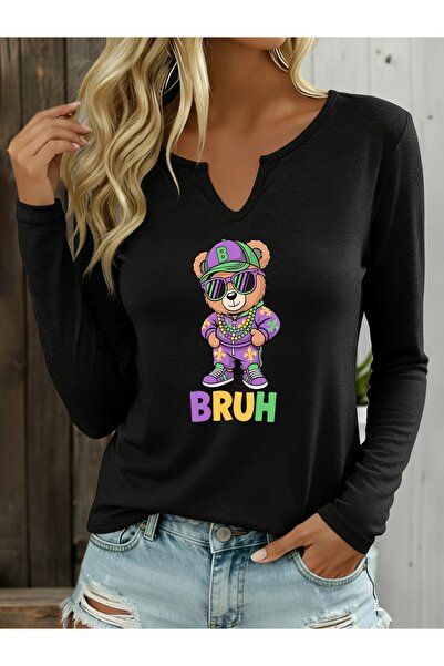 mercoledi Teddy Bear Printed Cotton Half V-Neck Long Sleeve Blouse