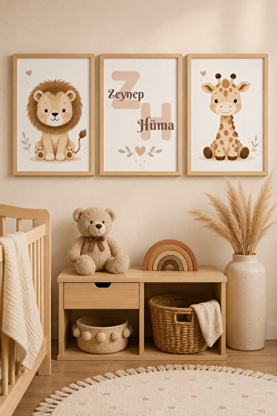 pixelogart Kişiye Özel İsimli 3'lü Aslan Zürafa Kız Erkek Bebek Çocuk Odası Ahşap Çerçeveli MDF Tablo Seti