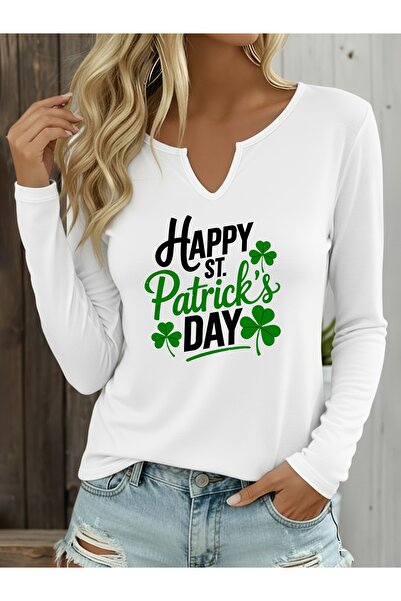 mercoledi St. Patricks Printed Cotton Half V-Neck Long Sleeve Blouse