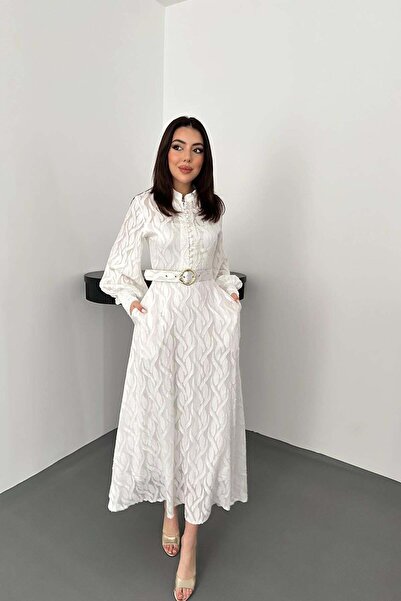 Moda Days فستان نسائي طويل بلون إكرو مع ياقة هاكم وحزام وأكمام بالونية ومبطن