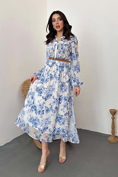 Moda Days فستان نسائي متوسط الطول بأكمام طويلة وياقة قميصية وأزرار وطبعة زهور...