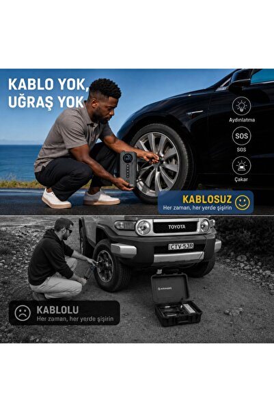 maetheus 4-in-1 Akü Takviye Cihazı 16000mAh | 150 PSI Kompresör | Powerbank | LCD Ekran | LED Fener | EVA Çanta | 2000A Tepe Akım