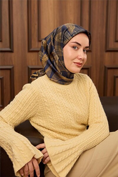 Silk Home Lacivert Gold Yaprak Desen Tivil Dokuma Saf İpek Eşarp-KVS0865