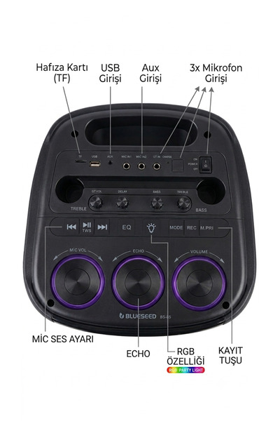 TUX Blueseed Professional RGB Işıklı Bluetooth Hoparlör Karaoke Kablosuz Mikr...