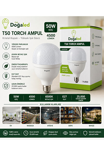 50W T50 Torch LED Ampul 4500 Lümen - Kristal Kapak - Yüksek Işık Gücü 6500K Beyaz Işık E27 Duy 1 ADET (Kod: ES234)