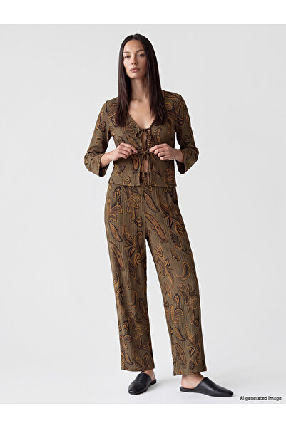 LC Waikiki Brown Elastic Waist Patterned Wide Leg Women's Trousers