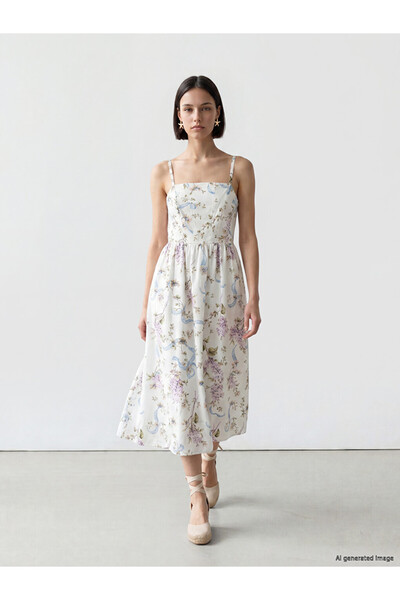 LC Waikiki Green Square Neck Floral Dress with Rope Straps