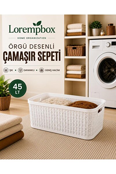 LOREMPBOX 45 LT Örgü Desenli Çamaşır Sepeti Beyaz