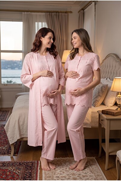 Lohusa Dünyasi Women's Powder Linen Scalloped Dressing Gown Maternity Pajama Set