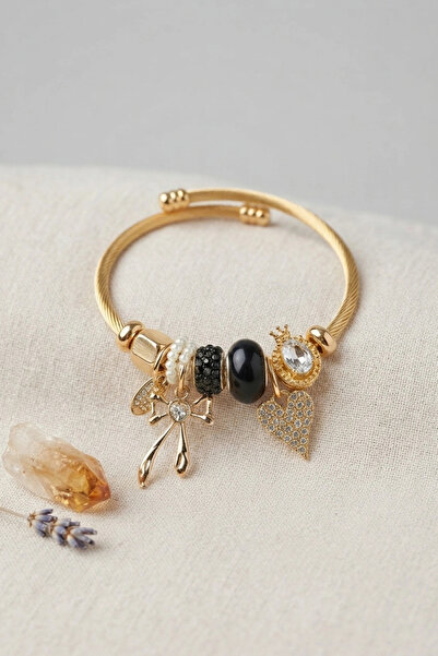 ARMÜZ Bow and Heart Black Charm Bracelet