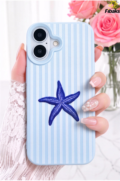 Fibaks iPhone 16 Kılıf Mavi Deniz Yıldızı Desenli Çizgili Kadifemsi Soft Touc...