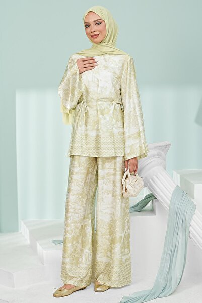 İmajButik Olive Patterned Tunic Trouser Set