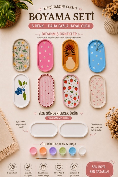 LORİCA 2’li Oval Dekoratif Tepsi Boyama Seti | Kendin Boya DIY Dekorasyon Set...