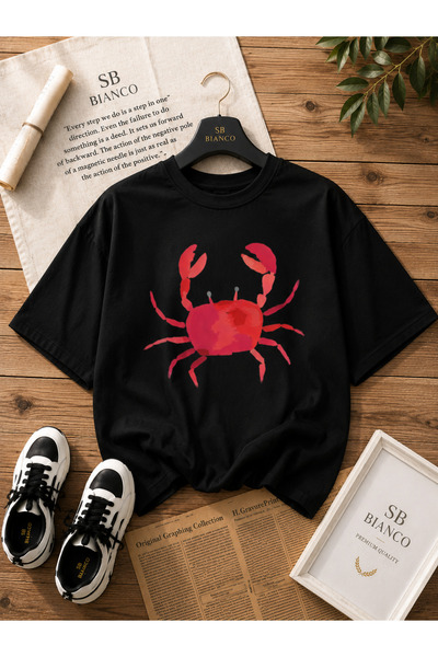 SB BİANCO Μπλουζάκι Premium Unisex Oversize με Γραφικό Κόκκινο Καβούρι |   Κα...