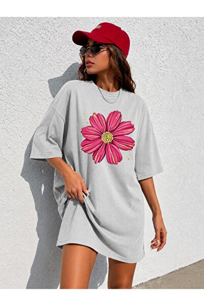 classy moda Women's Cosmos Flower Printed Oversize Extra Long Tunic T-Shirt