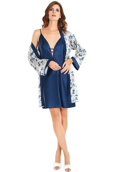 SS HOME CONCEPT Special Design Blue Satin Printed Double Short Robe Nightgown...
