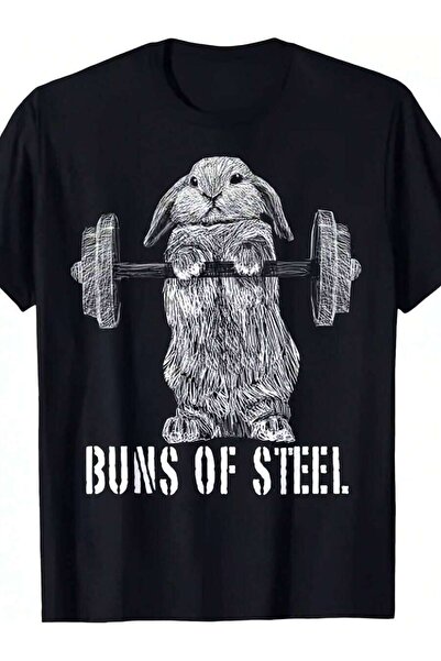 25W تي شيرت رجالي مطبوع عليه رسومات مضحكة من Buns Of Steel Bunny Rabbit Weigh...
