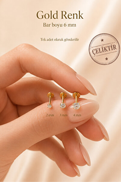 moonzy - minimalist & cozy 316L Çelik Tektaş Piercing 6 mm Bar Kulak Burun Tr...