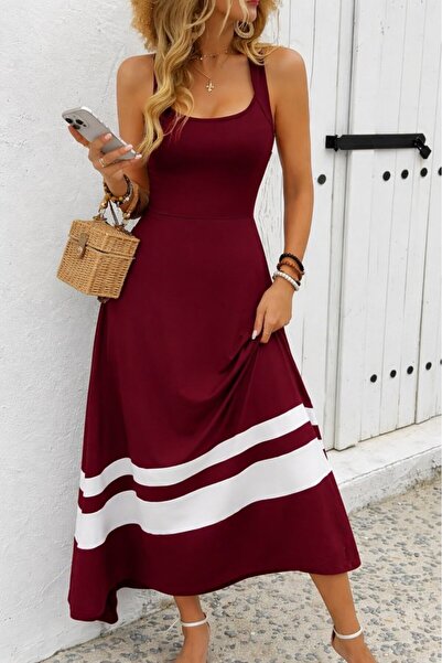 Şeker Portakalım Women's round neck asymmetric stripe detail long viscose dress