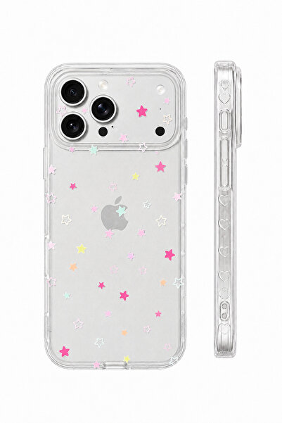 Iphone 17 Pro Max Yıldız Desenli Yanları Kalp Detaylı Şeffaf Kılıf, Tam Korumalı ve Esnek Yapılı
