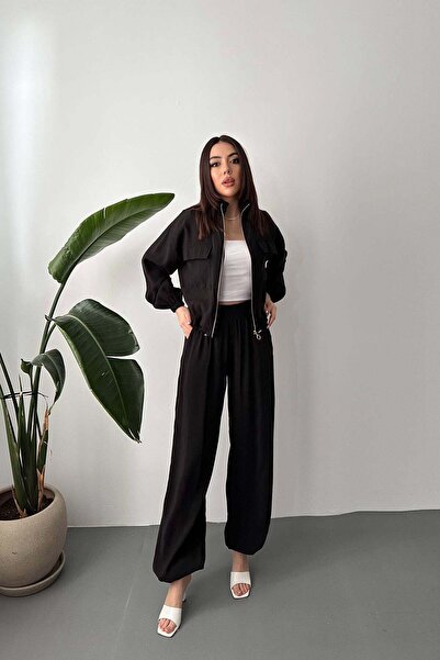 Clothes Fast Women's Black Zippered Stand Collar Pocket Detailed Wide Leg Mod...
