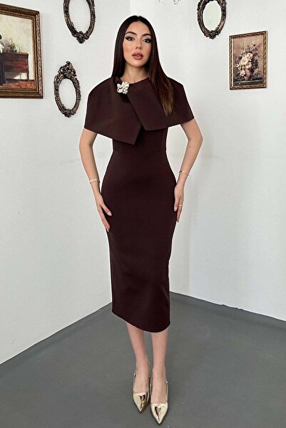 Moda Days Women's Brown Midi Pencil Dress with Cape, Single Buckle Lined Even...