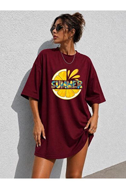 classy moda تي شيرت نسائي طويل جدًا بنقشة الليمون والفهد وطباعة "Summer" بمقا...