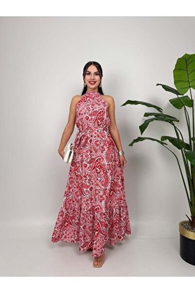 Clothes Fast Women's Red - Red Belted Halter Neck Sleeveless Shawl Patterned ...